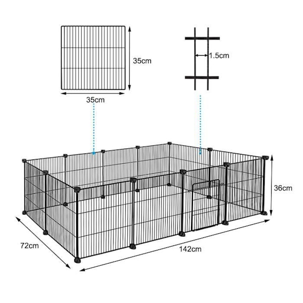 XMTECH Lemmikki aitauksella ovilla, Metallihäkki aitauksella, Säädettävä DIY 12 paneelia, 142x72x36cm, Musta