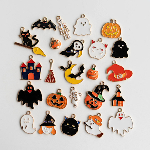 24 st Halloween-dekorationer i guldpläterad emalj, berlocker för DIY-smycken, halsband, armband, örhängen, DIY-smyckestillbehör