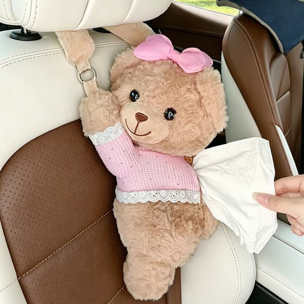 Sød bamse bilservietholder, blød plys servietopbevaring til bil, kontor og hjem
