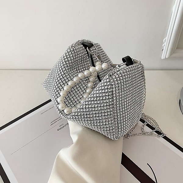 Kimaltava strassi olkalaukku iltakäyttöön, naisten ylellinen kiiltävä käsilaukku crossbody-laukku, 1 kpl - hopea