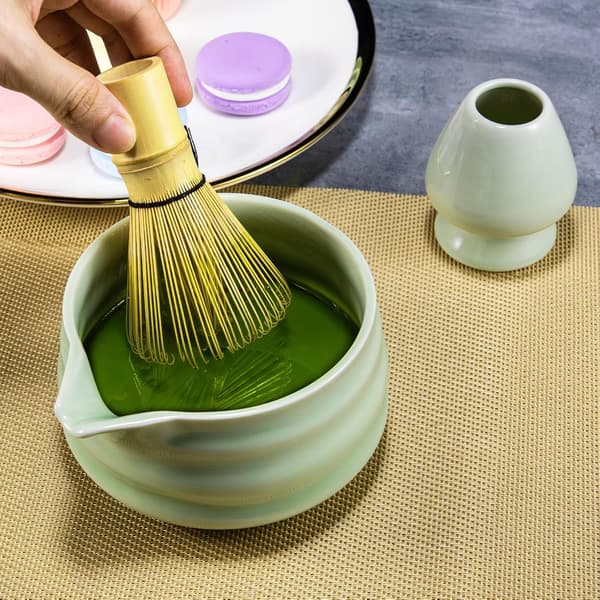 Matcha startpaket med bambuvisp, sil, sked, skål och återanvändbara handdukar – elegant presentförpackning för beredning av grönt te