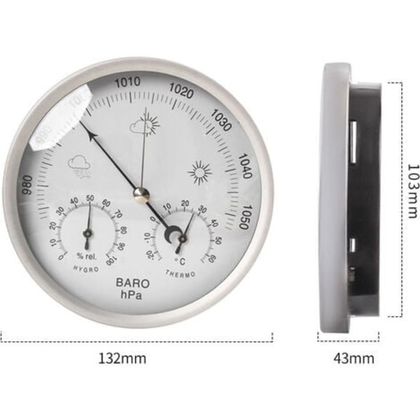 Analog vejrstation 3 i 1 rustfrit stål Ø132 mm - Barometer, termometer, hygrometer, sølv