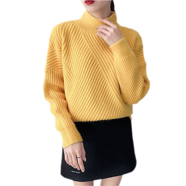Women Girls Knitted Sweater Half Polo Shirt Loose Round Neck Shirt Yellow Yellow 58*105*45cm