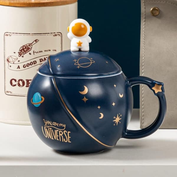 Keramisk kaffemugg med lock och sked 450 ml blå kreativ semesterpresent förpackad