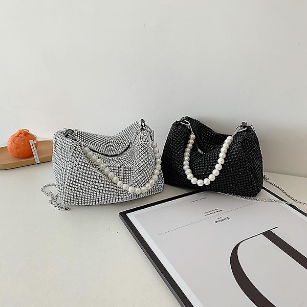 Kimaltava strassi olkalaukku iltakäyttöön, naisten ylellinen kiiltävä käsilaukku crossbody-laukku, 1 kpl - hopea