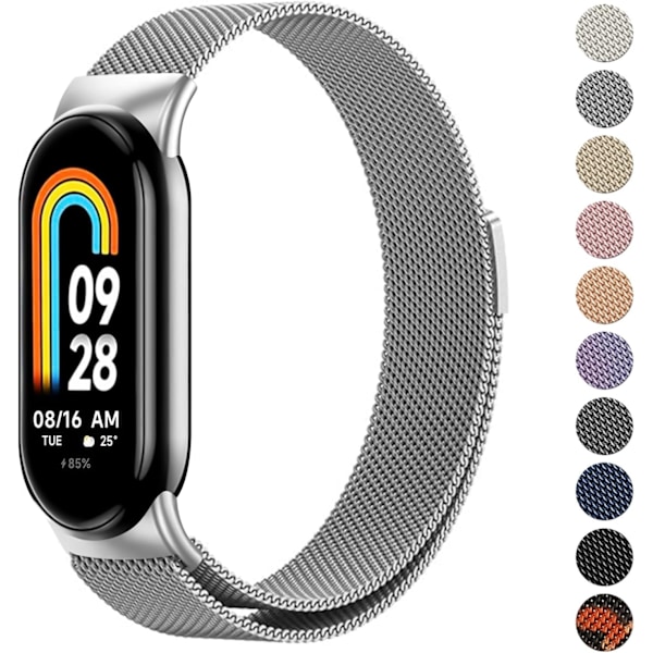 Armbånd Kompatibelt med Xiaomi 8 Menn Kvinner, Metall Armbånd for Xiaomi Mi Band 8 Magnetisk Rustfritt Stål Mesh Armbånd med Sterk Magnetisme Silver