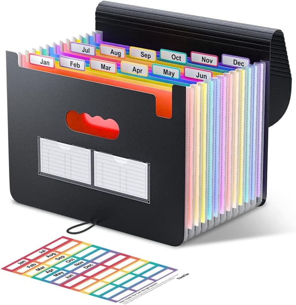 Black 24-Pocket Executive Folder with A4 Flap, File Organizer, Stretch Organza with Elastic Closure
