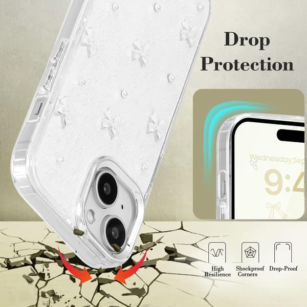 Compatible with iPhone 15 Plus, Bling Glitter 3D Bow Phone Case Cute Glittery Crystal Clear Bow Slim Soft Durable Protective Cover White Whit White iPhone 15 Plus