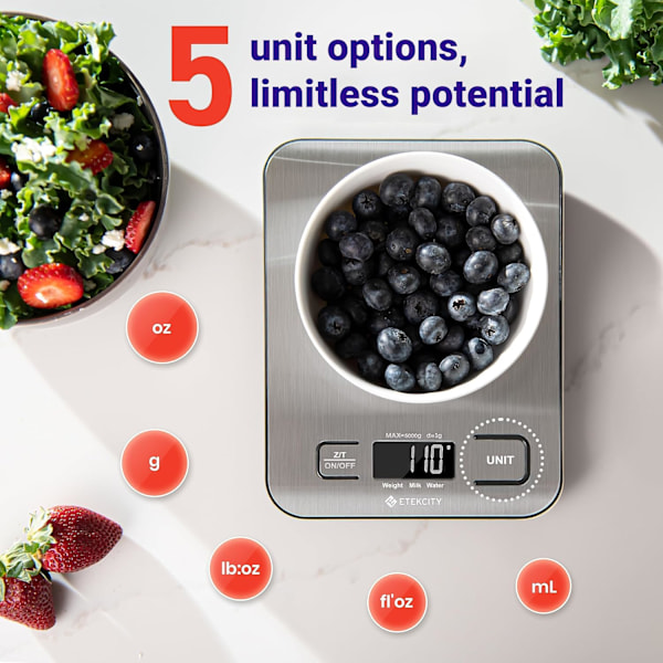 Kjøkkenvekt for mat, digital gram og unser for vekttap, baking, matlaging, keto og måltidspreparering, LCD-skjerm, medium, 304 rustfritt stål