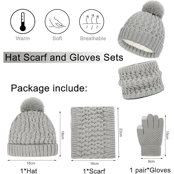 Vintermössa, Halsduk och Vantar Set för Barn, 3-Delar Stickad Varm Crochetad Tjock Fluffig Halsduk Pom Pom Beanie Två Fingrar Pekskärm Vantar Set Grey