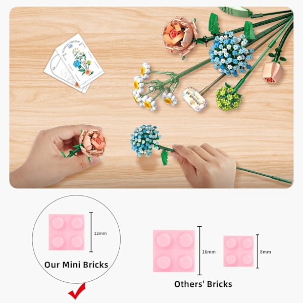 Mini Brick Blomsterbukett Byggsatser, Konstgjorda Blommor, DIY Unik Heminredning, 680 Bitar Botanisk Samling för Åldrar