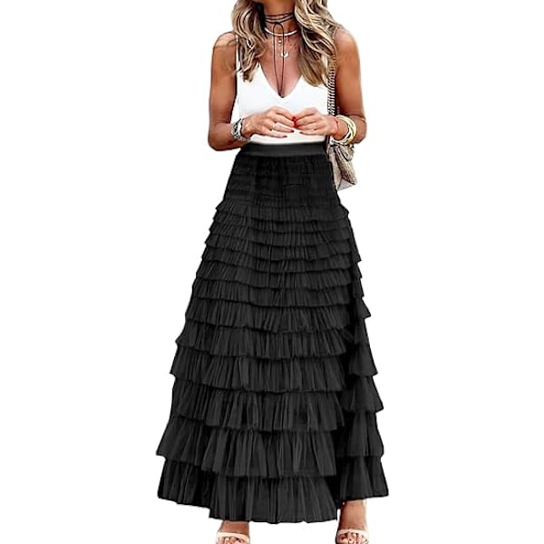 Lang Maxi Tulle Skjørt Dame A-Linje Ruffled Mesh Høytaljet Skjørt Petticoat Svart Black S