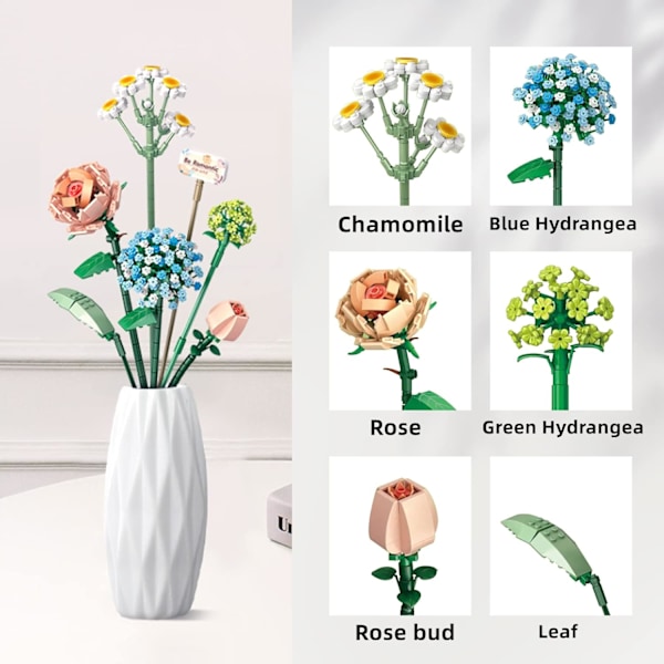 Mini Brick Blomsterbukett Byggsatser, Konstgjorda Blommor, DIY Unik Heminredning, 680 Bitar Botanisk Samling för Åldrar