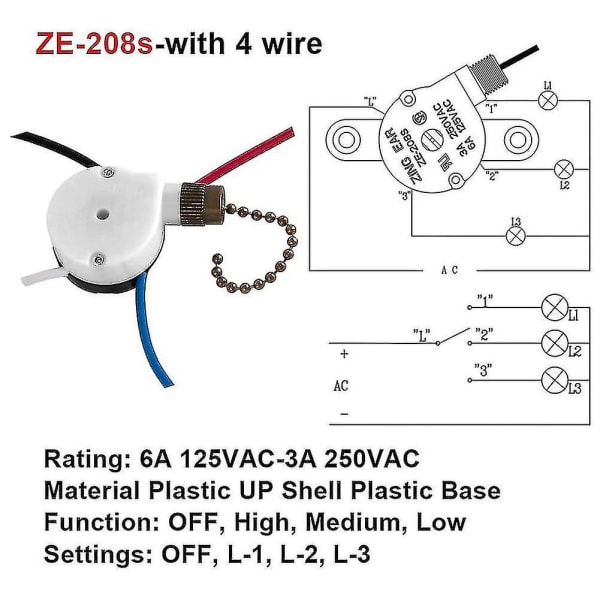 Interrupteur de ventilateur de plafond Zing Ear Ze-208s E89885 3 vitesses 4 fil Chaîne C