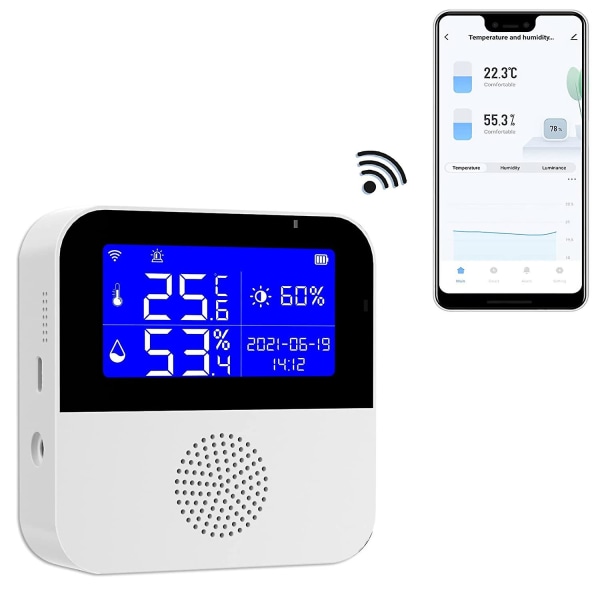 Wifi-termometer Hygrometer och fuktighetssensor med LCD-skärm, ljudlarm och larmapp, smart temperatur- och fuktsensor för växthusgas