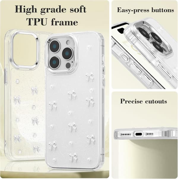 Compatible with iPhone 15 Pro Max, Bling Glitter 3D Bow Phone Case Cute Glittery Crystal Clear Bow Slim Soft Durable Protective Cover White Whit White iPhone 15 Pro Max