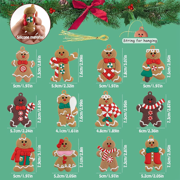 12 stk Pepperkake-mann Pynt til Juletreet, Assorterte Pepperkakefigurer Pynt, Juletre Hengedekorasjoner, 7,6 cm Høy