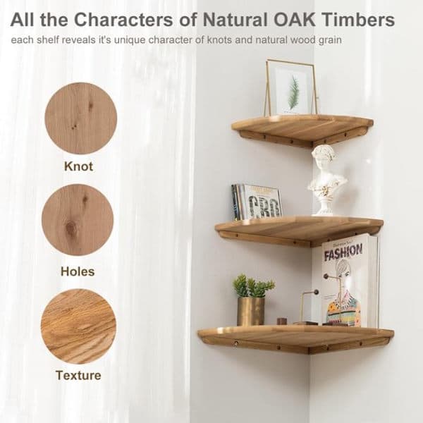 Set of 2 - 7\" Solid Oak Corner Shelves - Wall Mounted Round Floating Shelves - With Cable Hole for Speakers, Plants or Picture Frames - Natural
