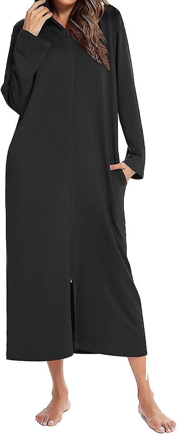 Women's Long Hooded Zipper Full Length Solid Color Black Robe Black XL