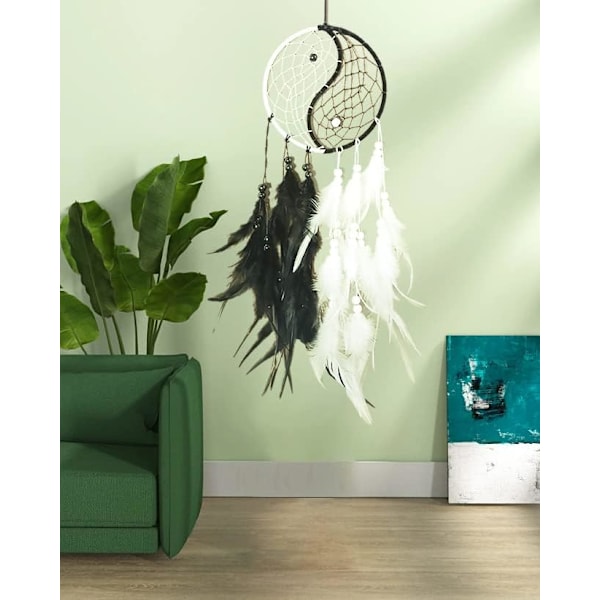 Drömfångare Handgjorda, Tai Chi Drömfångare Svart och Vit Fjäder Väggdekoration, Hem Ornament Hantverk Bilhängande Dekoration Ornament