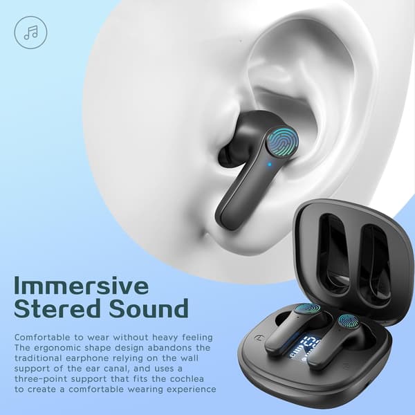 Wireless Headphones, Built-in Noise Cancelling Microphone, HD Calls, Battery Display Charging Case, for iPhone and Android, IPX7 Waterproof Earbuds Black