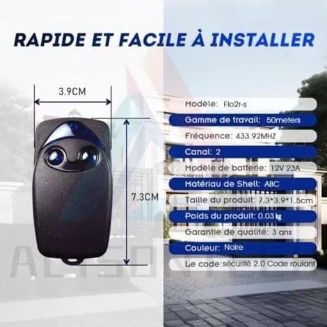 2 Flo2r-s 433,92 MHz 2-knapps elektriske garasjeportfjernkontroller, kompatible med Nice Remote TRIMEC garasjeportfjernkontroller