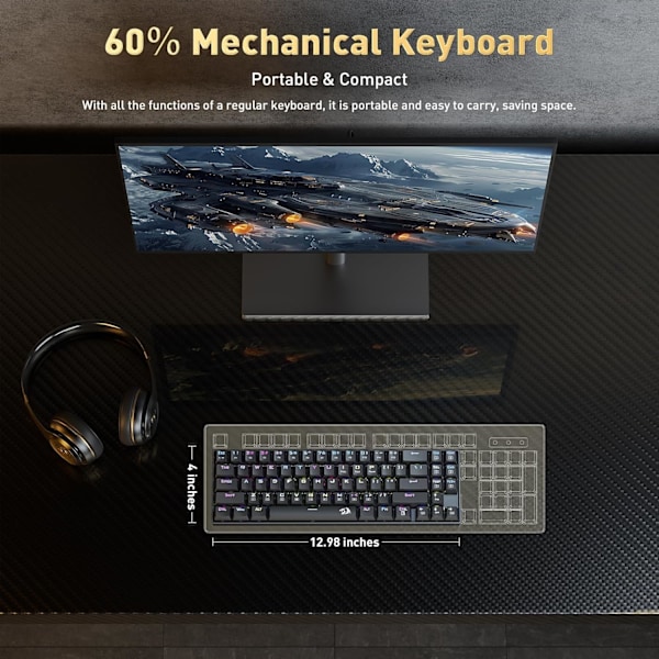 K599 60% Mekanisk Tastatur, Hot Swap Anti-Ghosting Spilltastatur for PC/PS5/Xbox/MacOS. (Lineær Rød Bryter - Svart)