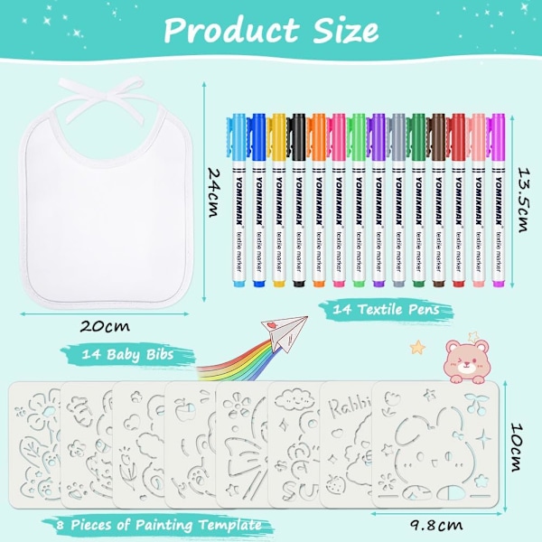 Baby hagesmæk hvid til at male på, 14 stk. personlige babyhagesmække, 14 stk. tekstiltusser med 8 stencils, malehagesmække til nyfødt babyshower pige dreng White
