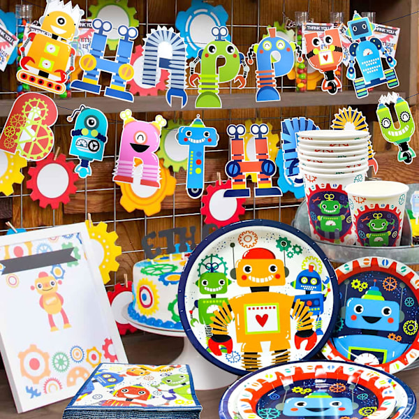 1 sett 130x220cm Robot-tema festduk Robot festduk tallerkener kopper Robot ballong gutt Robot bursdagsfest dekorasjon 8Pcs forks