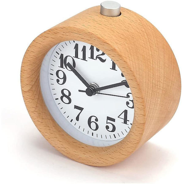 Wekity Analog Väckarklocka i Trä, Retro Rund Bordsklocka, Tyst Snooze Väckarklocka med Nattlampa