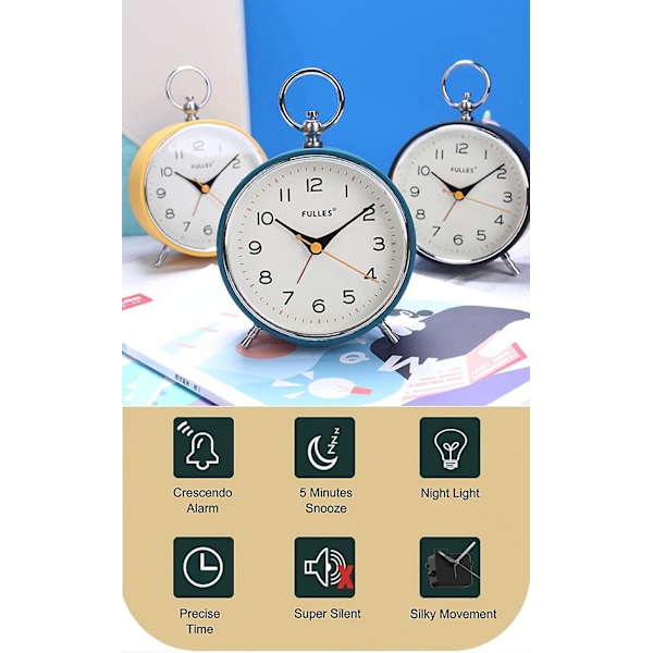 SBSG SAYTAY Analog Väckarklocka Tyst med Nattlampa Snooze Funktion Rund Retro Batteridriven Crescendo 4 tum Liten Enkel Design
