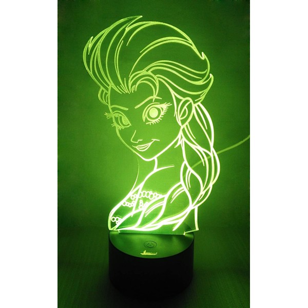 Prinsesse Elsa 3D Natlampe LED Illusionslampe Sengelampe, 7 Farveskiftende Lys med Akrylplade & ABS Base & USB Oplader