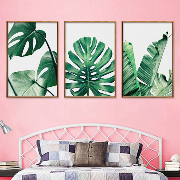 Wekity Botanisk Veggkunst Trykksett med 3 Tropiske Blader Lerret Dekor Planteblader Boho Veggdekor Bilder Grønne Boho Plakater Kunstsett Baderomsvegg A