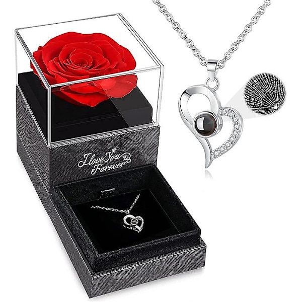 Evig Ægte Rose Med Hjerte Halskæde Og Øreringe I 925 Sterling Sølv, Uendelighedsroser, Smykkeskrin, Roseæske Fødselsdag