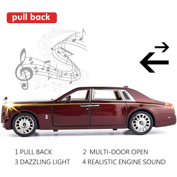 SAYTAY 1/24 Rolls-Royce Phantom -automalli, sinkkiseoksesta valmistettu vedettävä leluauto äänellä ja valolla lapsille, pojille ja tytöille, lahja (Punainen) ST-001{EE}