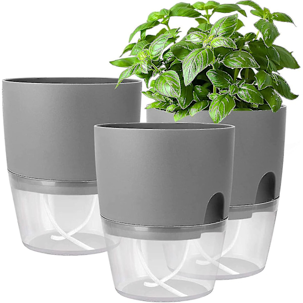 Krukväxtset för örter, fönsterbräda, självbevattnande, 3-pack, örtagård för köket, 18,2 x 11 x 15,3 cm, för färska örter i köket, grå