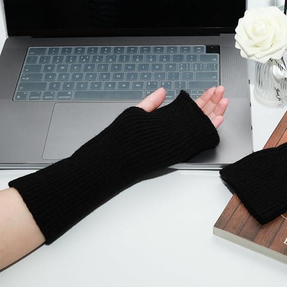 Varme vinterhandsker med lange ærmer, femfingerdesign til mænd og kvinder, sort, 23 cm længde