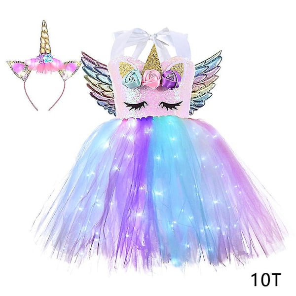 Barnas Glimtende Enhjørning Kostyme Barn Fargerike LED Lys Pailletter Bursdagsfest Kjole Skinnende Prinsesse Cosplay Kjole 10T 10T White Light White