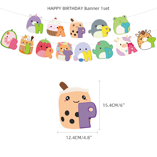 Squishmallows-teemainen syntymäpäiväjuhlien koristelu taustakulissi kakkukortti sarjakuvapallo kirje piirrä{EE}