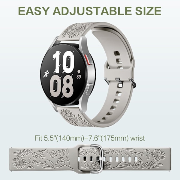 Auringonkukalla kaiverrettu ranneke, yhteensopiva Samsung Galaxy Watch 7 6 5 4 40mm 44mm naisten kanssa, 20mm pehmeä silikoniranneke Galaxy Watchille[ee] Grey