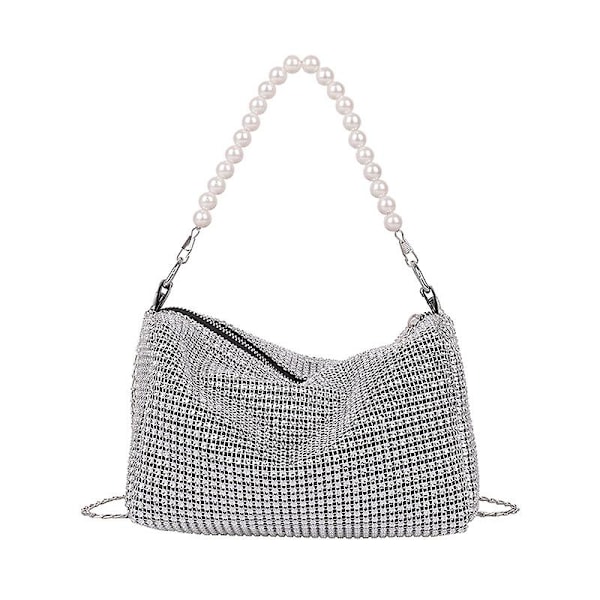 Kimaltava strassi olkalaukku iltakäyttöön, naisten ylellinen kiiltävä käsilaukku crossbody-laukku, 1 kpl - hopea