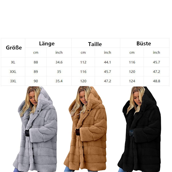 Damekåpe med pelshette Plus Size Lang Cardigan Vinterjakke Vinter Varm Kunstpels Frakk (XL)