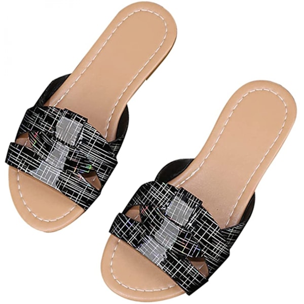 Dames Flade Sommersandaler Til Kvinder Casual Rem Strop Kryds Slip On Sliders Strandsandaler Til Kvinder ---- Sort（Størrelse 42）