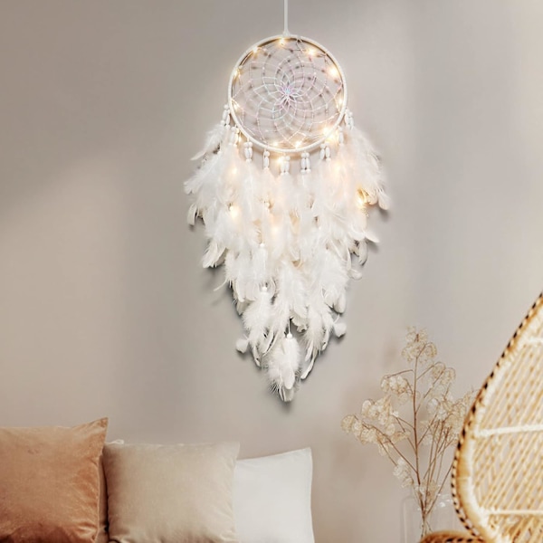 LED Drømmefanger for Barn Veggdekor Hvite Fjær Drømmefanger med Lysperler Boho Dekor Vevd Kunst Ornament Håndlaget Gave til Barnerom Henger