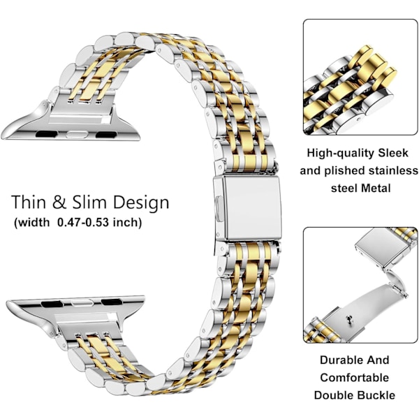 Slanke Remme Kompatibel med Apple Watch Rem 38/40/41/42/44/45/49mm Tynd Rustfrit Stål Kæde til Kvinder iWatch Remme Ultra 2 1 Serie Sølv Guld Silver Gold 38mm 40mm 41mm