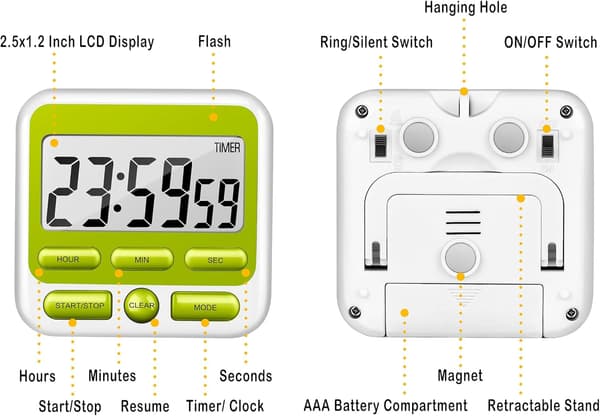 Digital Kitchen Timer with Silent/Loud Alarm On/Off Button
