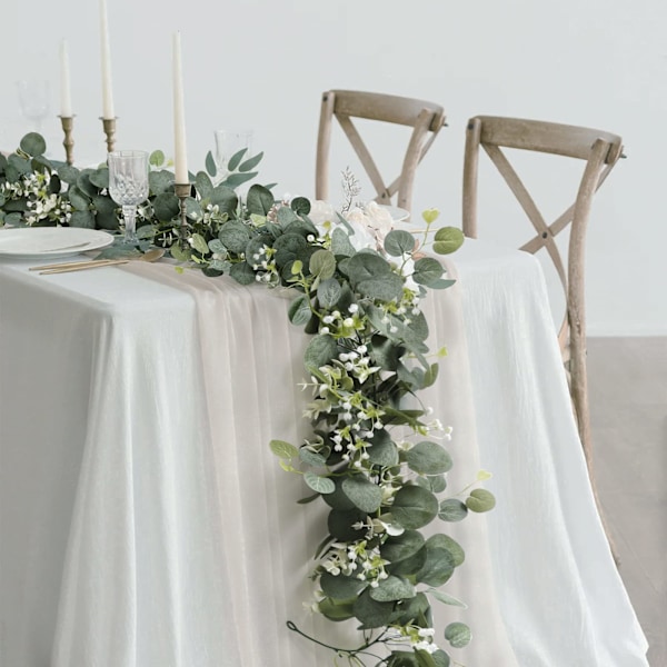 2-pack konstgjorda eukalyptusgirlanger med videblad, gröna blad, vita blommor, konstgjord växt, hängande växt för bakgrund, bröllop
