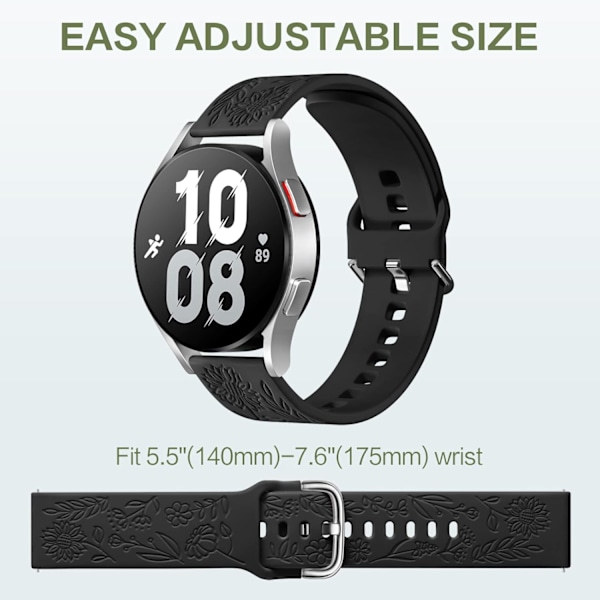 Auringonkukalla kaiverrettu ranneke, yhteensopiva Samsung Galaxy Watch 7 6 5 4 40mm 44mm naisten kanssa, 20mm pehmeä silikoniranneke Galaxy Watchille[ee] Black
