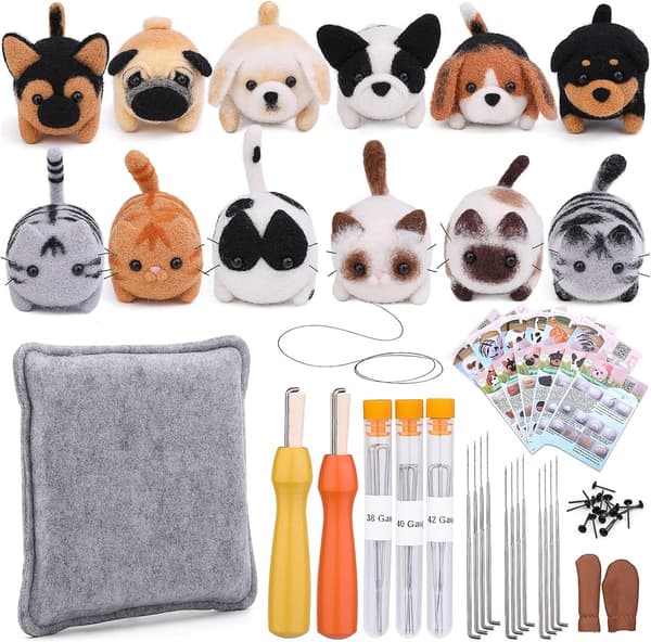 Needle Felting Starter Kit - 12 Animal Set - Complete DIY Felting Kit - Wool and Accessories - Includes Video Guide - Suitable for Beginners