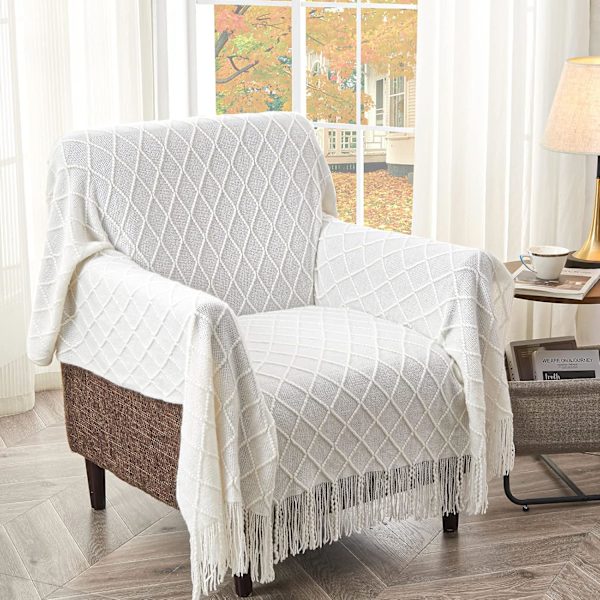 Strikkede tepper for sofa og seng, mykt og koselig strikket teppe med frynser, off-white lett dekorativt teppe, 130*230CM